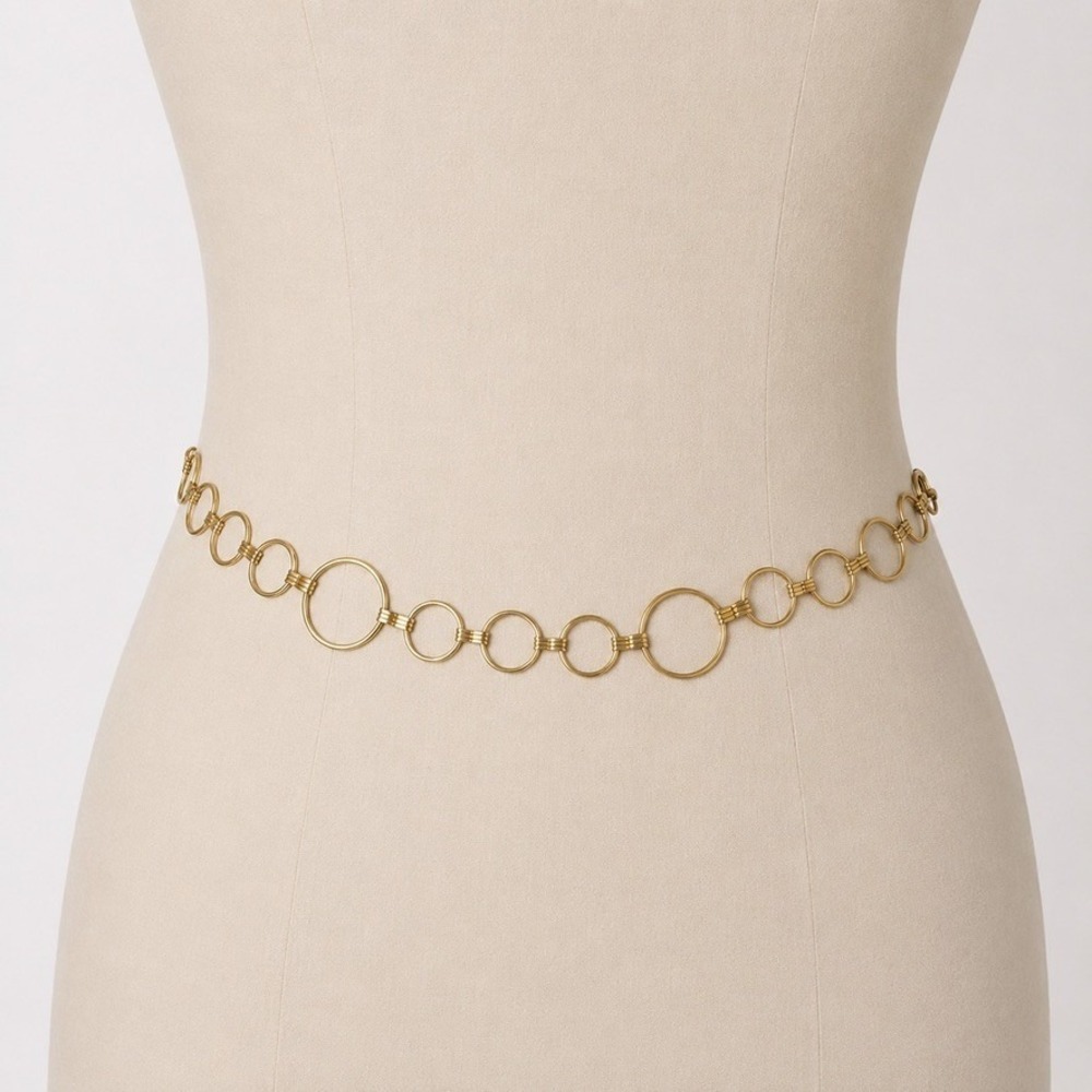 Gold Tone Multi Size Ring Chain Belt Adjustable Hook Clasp 48.5 Inch Length